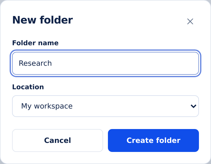 New folder dialog with Research entered and a Location selector