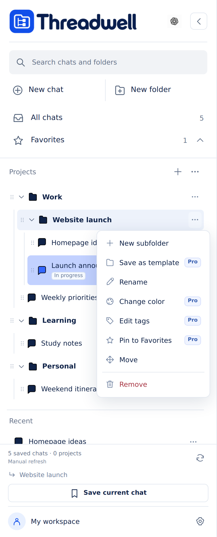 Folder actions menu showing New subfolder, Rename, Move, and Remove