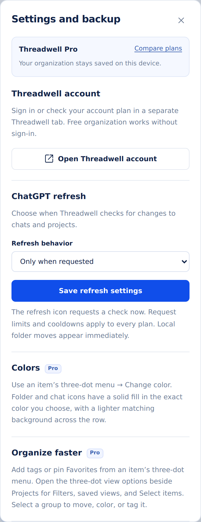 Threadwell Settings and backup dialog with account and refresh controls