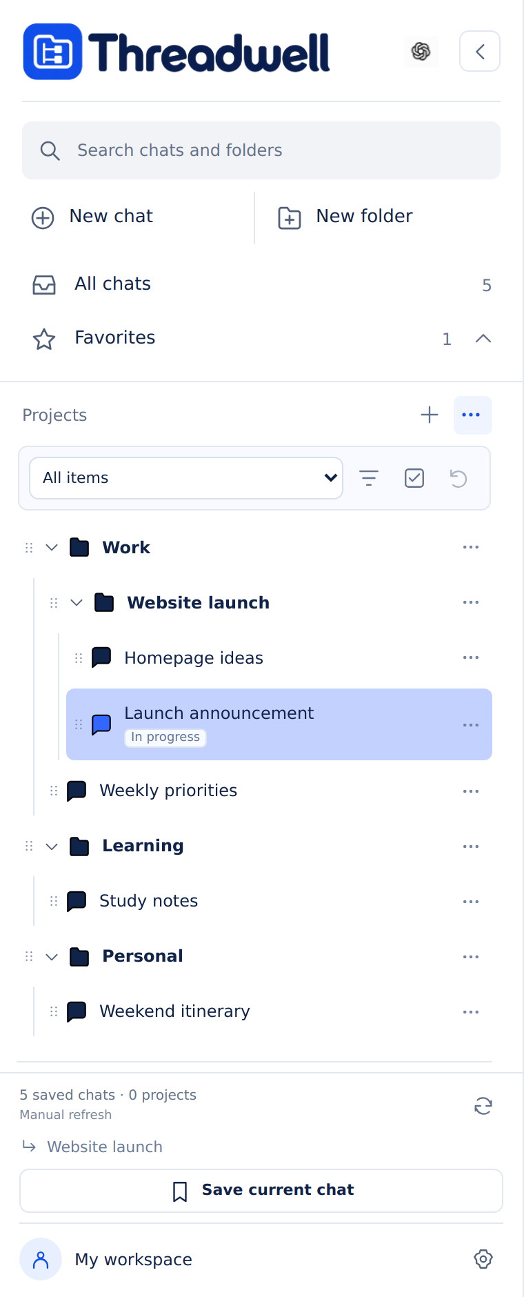 Threadwell sidebar with view options expanded for saved views, filters, selection, and Undo