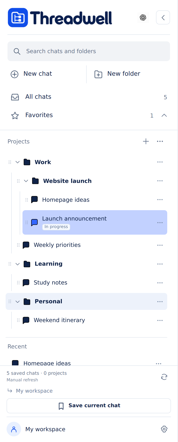 Threadwell sidebar with Work, Website launch, Learning, and Personal folders